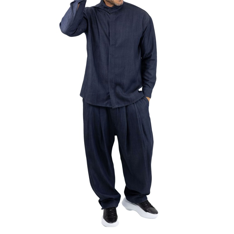 Twin Black Shirt Mao Collar Denim-Blue