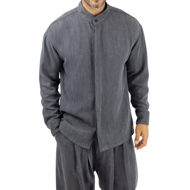 Twin Black Shirt Mao Collar Denim-Dark Grey Twin Black Shirt Mao Collar Denim-Dark Grey