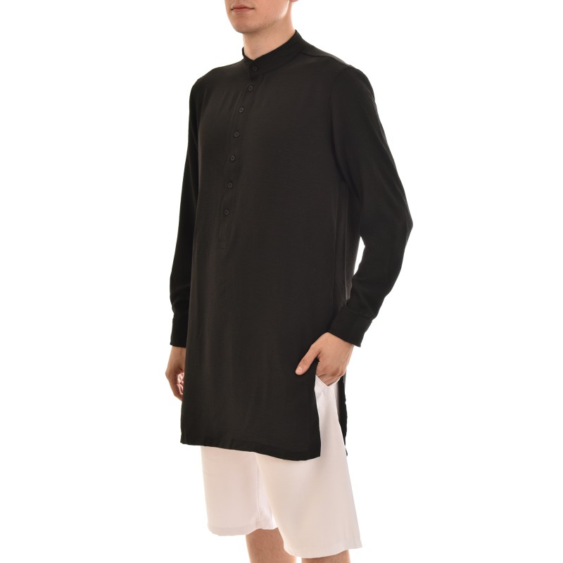 Twin Black Mao Semi Button-Up Long Shirt-Black Twin Black Mao Semi Button-Up Long Shirt-Black