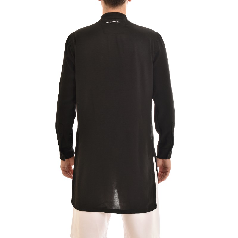 Twin Black Mao Semi Button-Up Long Shirt-Black Twin Black Mao Semi Button-Up Long Shirt-Black