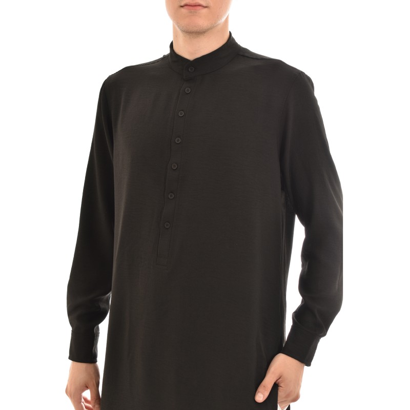 Twin Black Mao Semi Button-Up Long Shirt-Black Twin Black Mao Semi Button-Up Long Shirt-Black