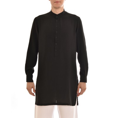 Twin Black Mao Semi Button-Up Long Shirt-Black