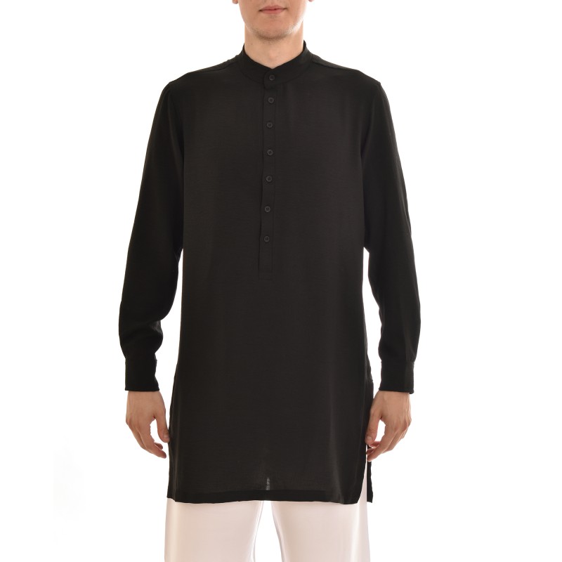 Twin Black Mao Semi Button-Up Long Shirt-Black Twin Black Mao Semi Button-Up Long Shirt-Black