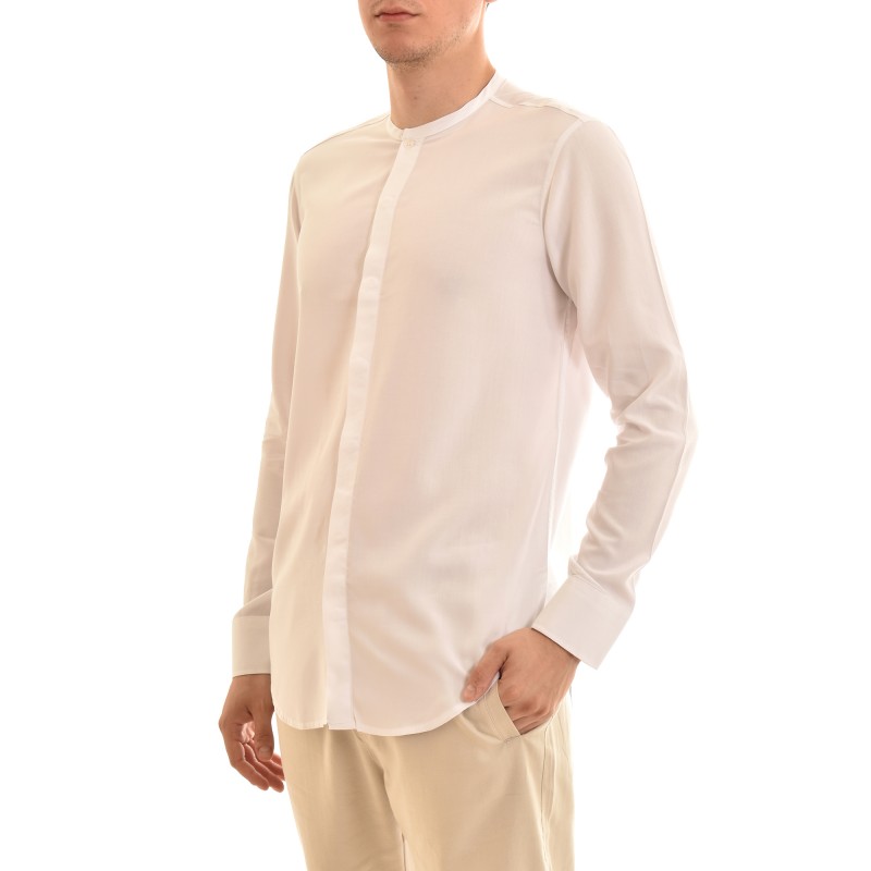 Twin Black Mao Collar Shirt With Hidden Buttonline-White Twin Black Mao Collar Shirt With Hidden Buttonline-White