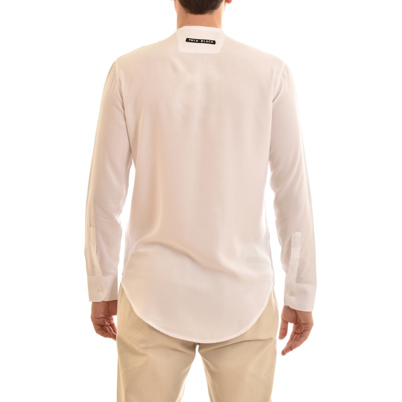 Twin Black Mao Collar Shirt With Hidden Buttonline-White Twin Black Mao Collar Shirt With Hidden Buttonline-White