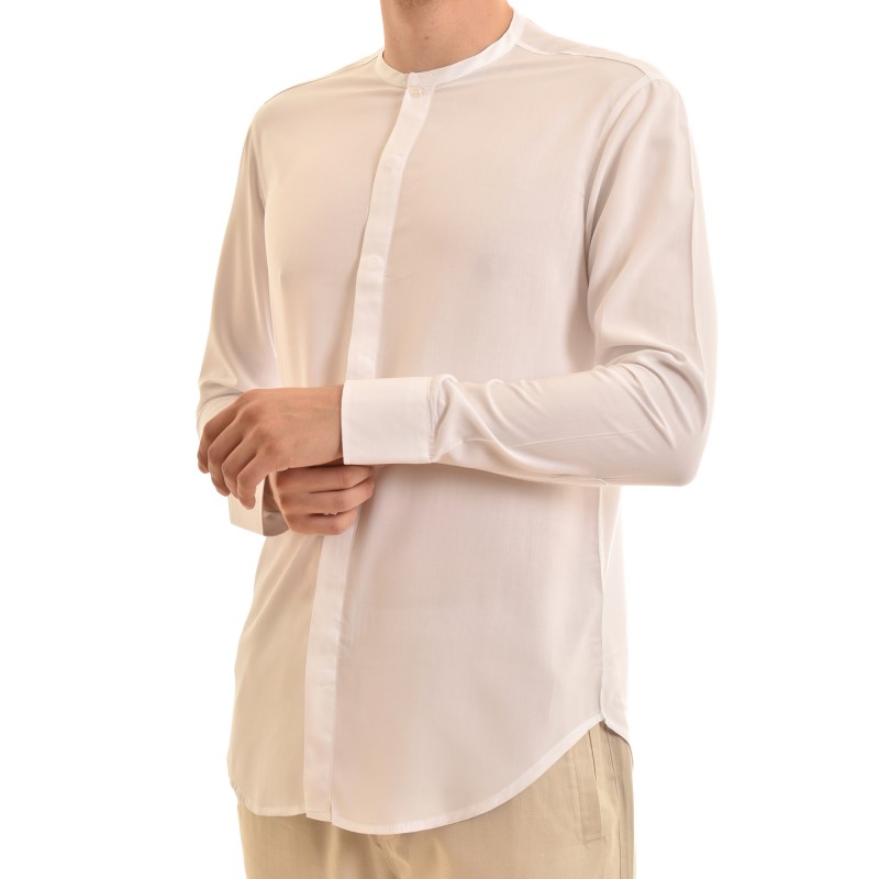 Twin Black Mao Collar Shirt With Hidden Buttonline-White Twin Black Mao Collar Shirt With Hidden Buttonline-White