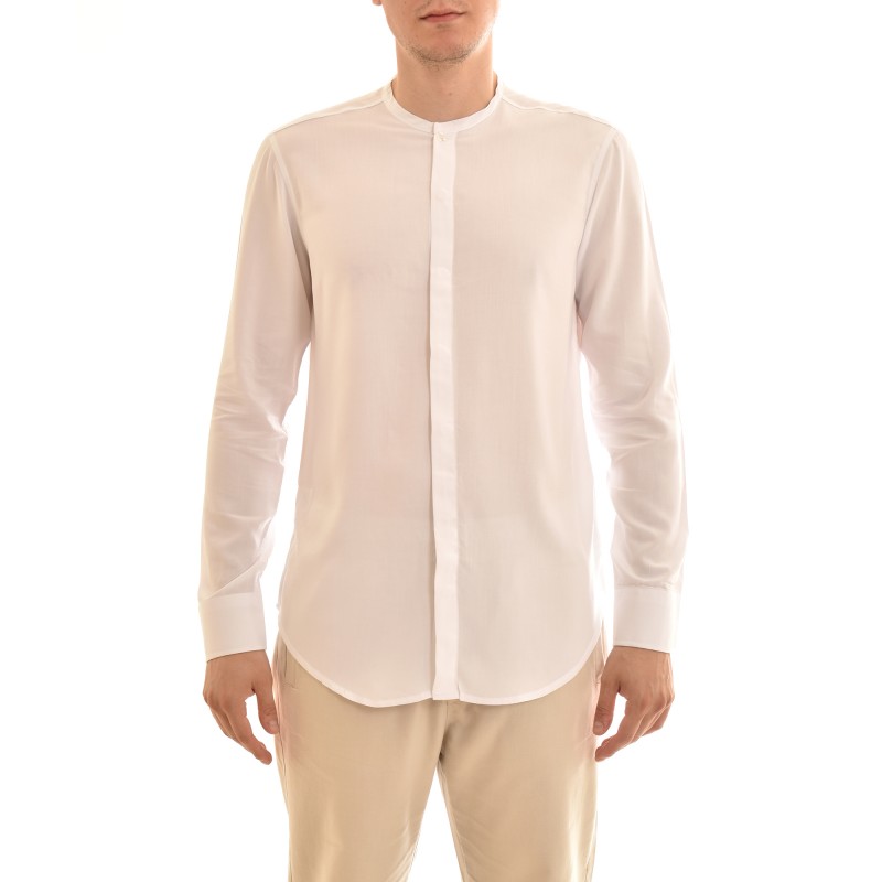 Twin Black Mao Collar Shirt With Hidden Buttonline-White Twin Black Mao Collar Shirt With Hidden Buttonline-White