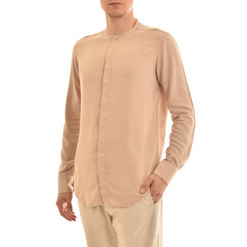 Twin Black Mao Collar Shirt With Hidden Buttonline-Beige Twin Black Mao Collar Shirt With Hidden Buttonline-Beige