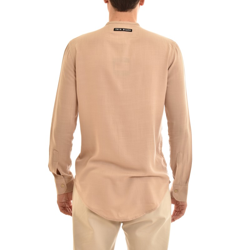 Twin Black Mao Collar Shirt With Hidden Buttonline-Beige Twin Black Mao Collar Shirt With Hidden Buttonline-Beige