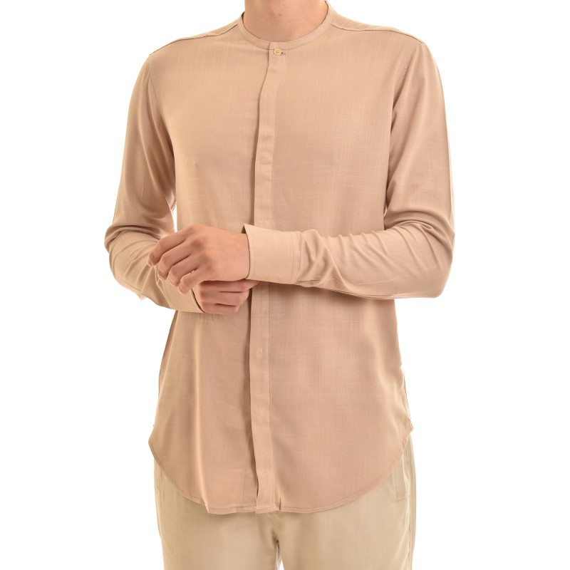 Twin Black Mao Collar Shirt With Hidden Buttonline-Beige Twin Black Mao Collar Shirt With Hidden Buttonline-Beige