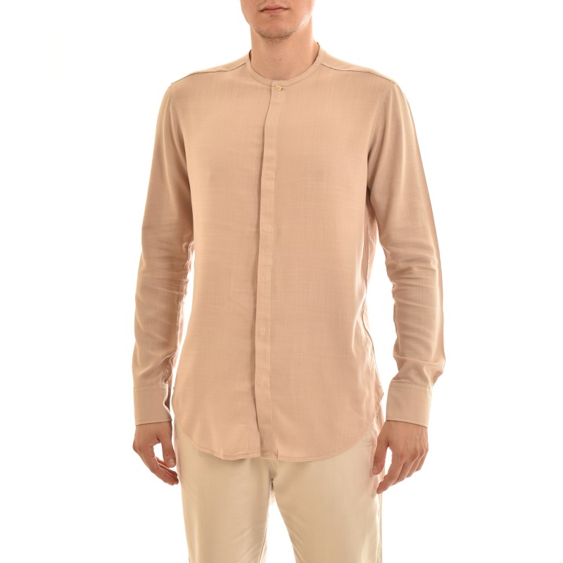 Twin Black Mao Collar Shirt With Hidden Buttonline-Beige Twin Black Mao Collar Shirt With Hidden Buttonline-Beige