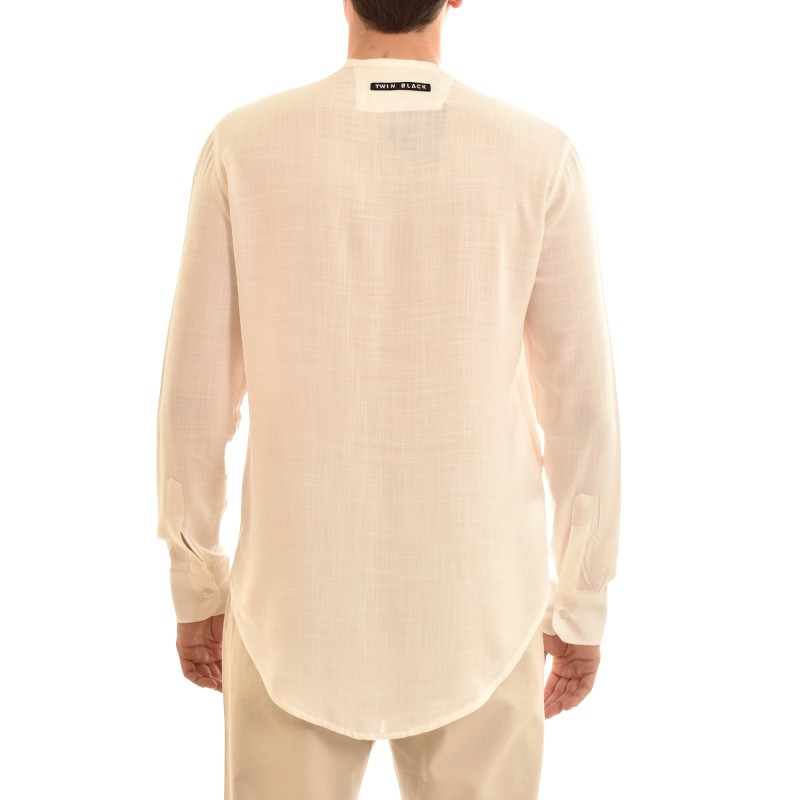 Twin Black Mao Collar Shirt With Hidden Buttonline-Natural Twin Black Mao Collar Shirt With Hidden Buttonline-Natural