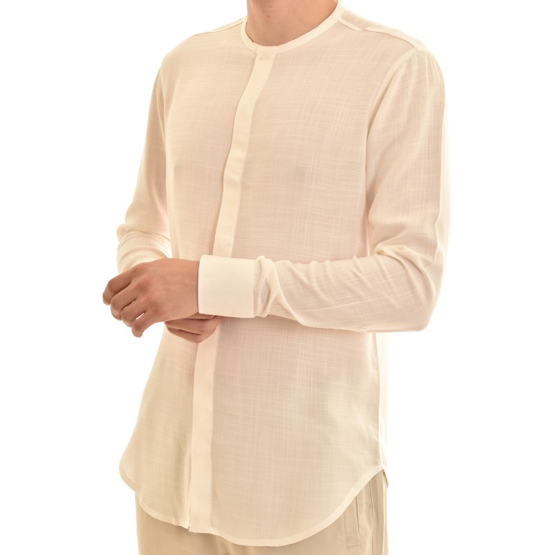 Twin Black Mao Collar Shirt With Hidden Buttonline-Natural Twin Black Mao Collar Shirt With Hidden Buttonline-Natural