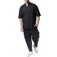 Twin Black Trousers Elastic Waist Loose Linen-Black