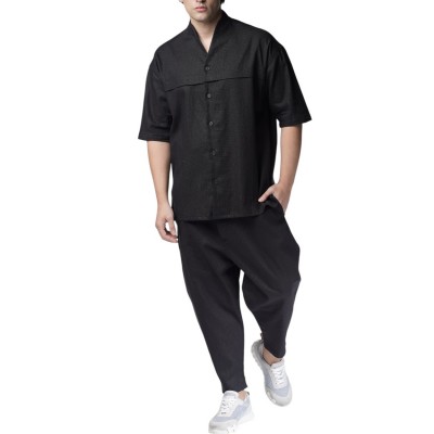 Twin Black Trousers Elastic Waist Loose Linen-Black