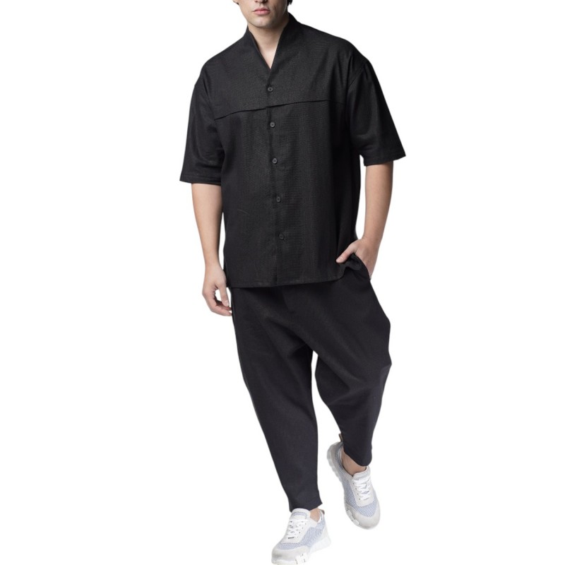 Twin Black Trousers Elastic Waist Loose Linen-Black Twin Black Trousers Elastic Waist Loose Linen-Black
