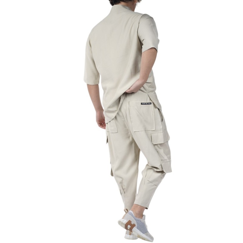 Twin Black Trousers Cargo Style Flap Pockets-Beige Twin Black Trousers Cargo Style Flap Pockets-Beige