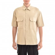 Twin Black Semi-Linen Overshirt With Flap Pockets-Beige