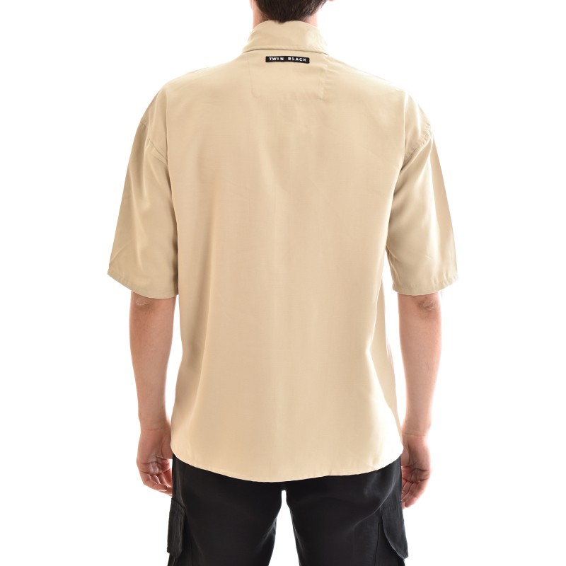 Twin Black Semi-Linen Overshirt With Flap Pockets-Beige Twin Black Semi-Linen Overshirt With Flap Pockets-Beige
