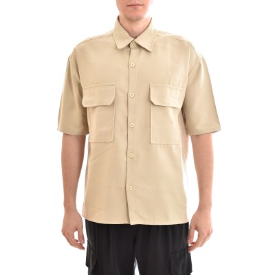 Twin Black Semi-Linen Overshirt With Flap Pockets-Beige