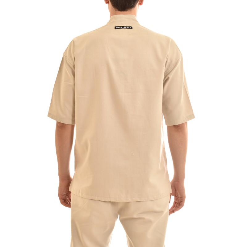 Twin Black V-Neck Micropattern Overshirt-Stone Twin Black V-Neck Micropattern Overshirt-Stone