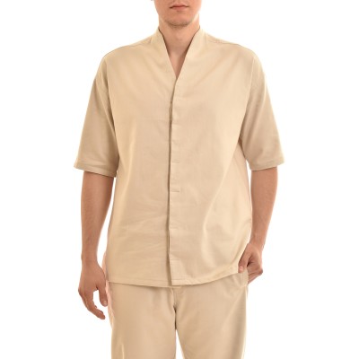 Twin Black V-Neck Micropattern Overshirt-Stone