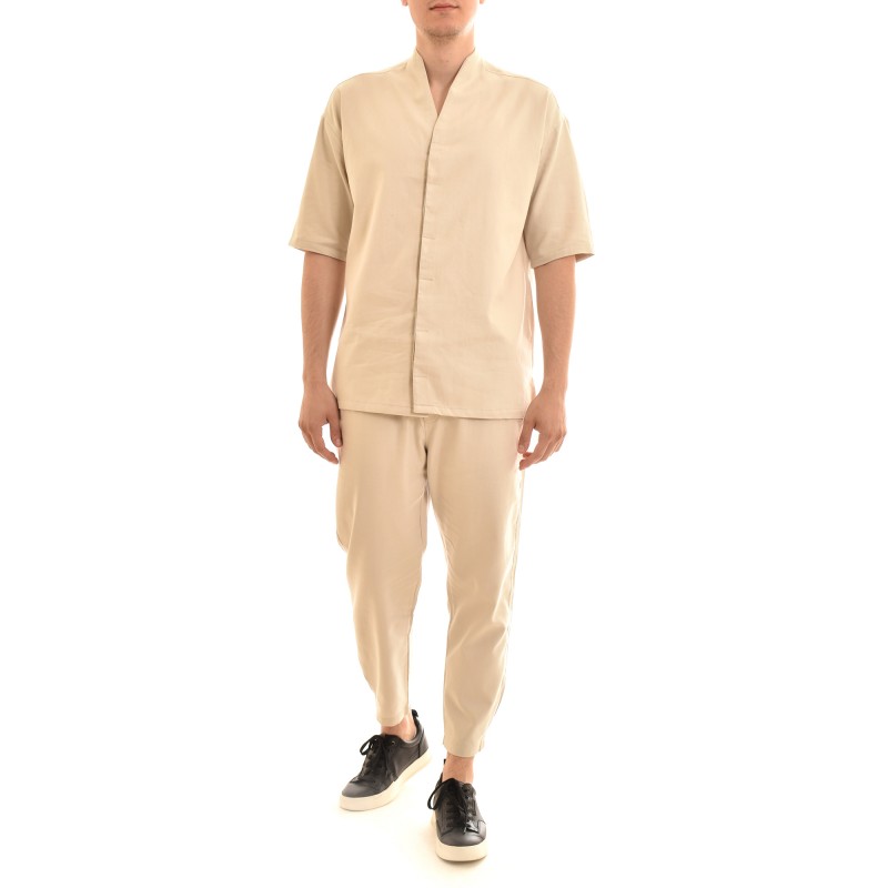 Twin Black V-Neck Micropattern Overshirt-Stone Twin Black V-Neck Micropattern Overshirt-Stone