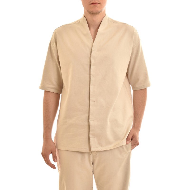 Twin Black V-Neck Micropattern Overshirt-Stone Twin Black V-Neck Micropattern Overshirt-Stone