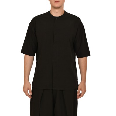 Twin Black White Mao Collar Hidden Buttonline Shirt-Black