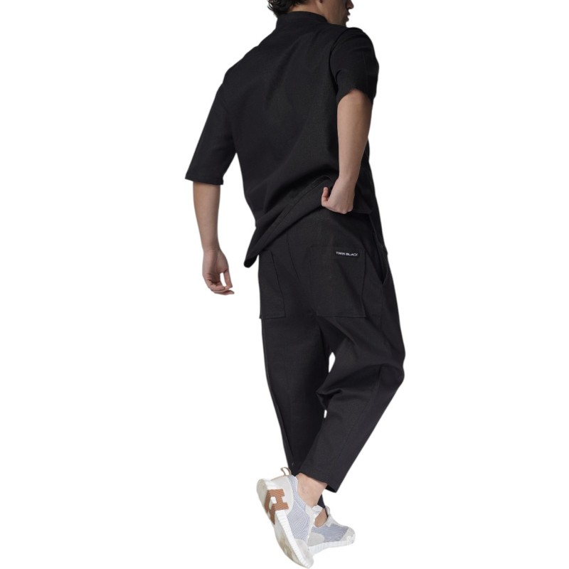 Twin Black Shirt Mao Collar Linen-Black Twin Black Shirt Mao Collar Linen-Black