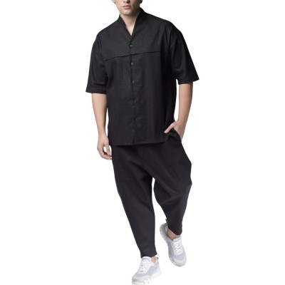 Twin Black Shirt Mao Collar Linen-Black