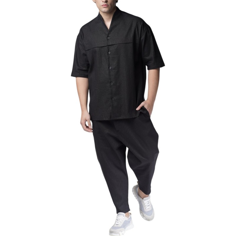 Twin Black Shirt Mao Collar Linen-Black Twin Black Shirt Mao Collar Linen-Black