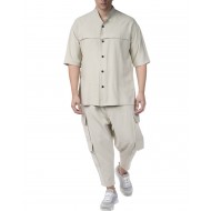 Twin Black Shirt Oversized Mandarin Collar-Beige