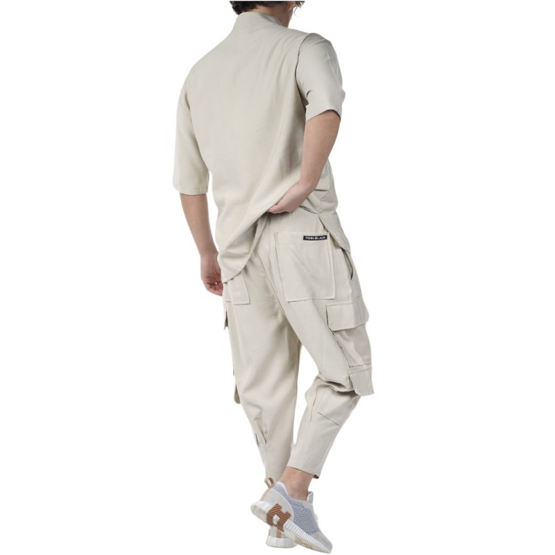 Twin Black Shirt Oversized Mandarin Collar-Beige Twin Black Shirt Oversized Mandarin Collar-Beige