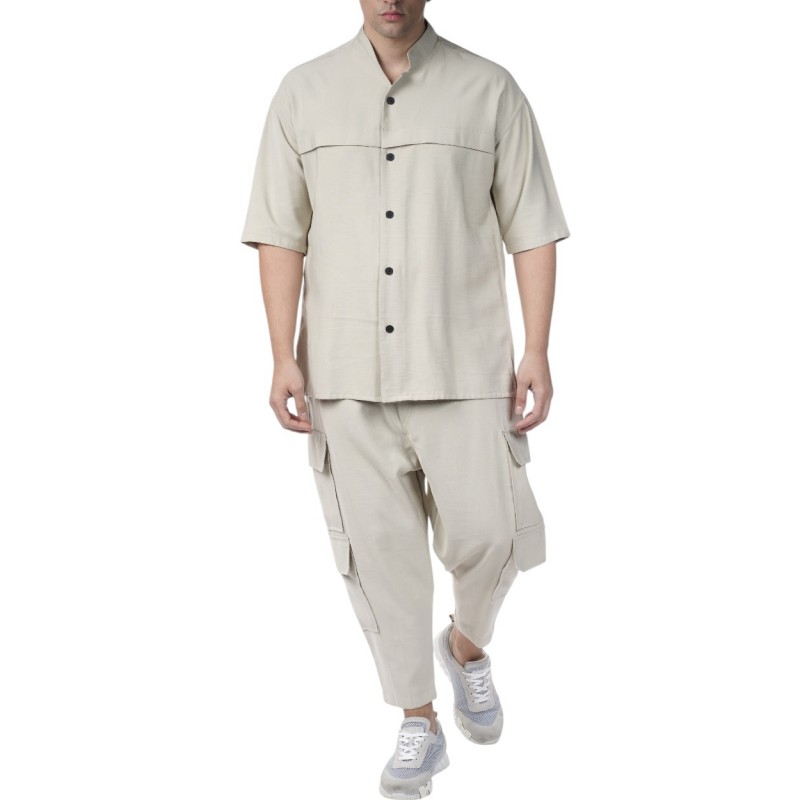 Twin Black Shirt Oversized Mandarin Collar-Beige Twin Black Shirt Oversized Mandarin Collar-Beige