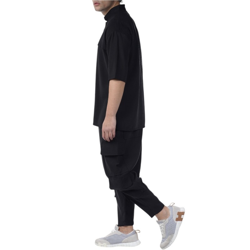 Twin Black Shirt Oversized Mandarin Collar-Black