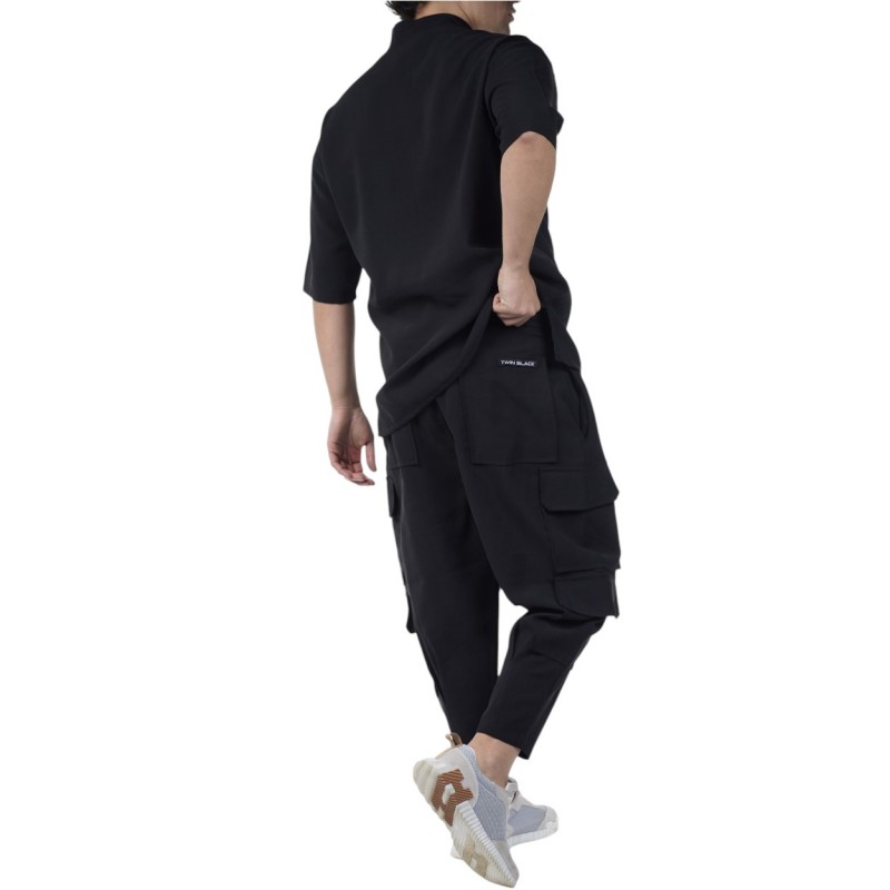 Twin Black Shirt Oversized Mandarin Collar-Black
