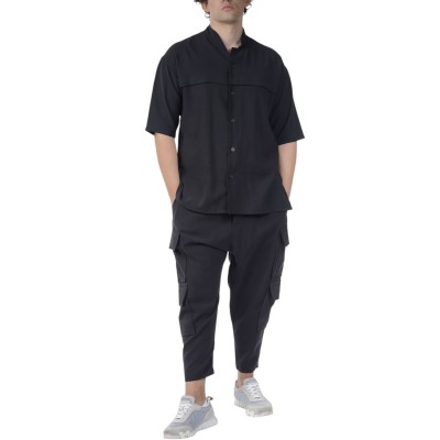 Twin Black Shirt Oversized Mandarin Collar-Black