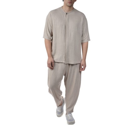 Twin Black Shirt Mao Collar-Beige