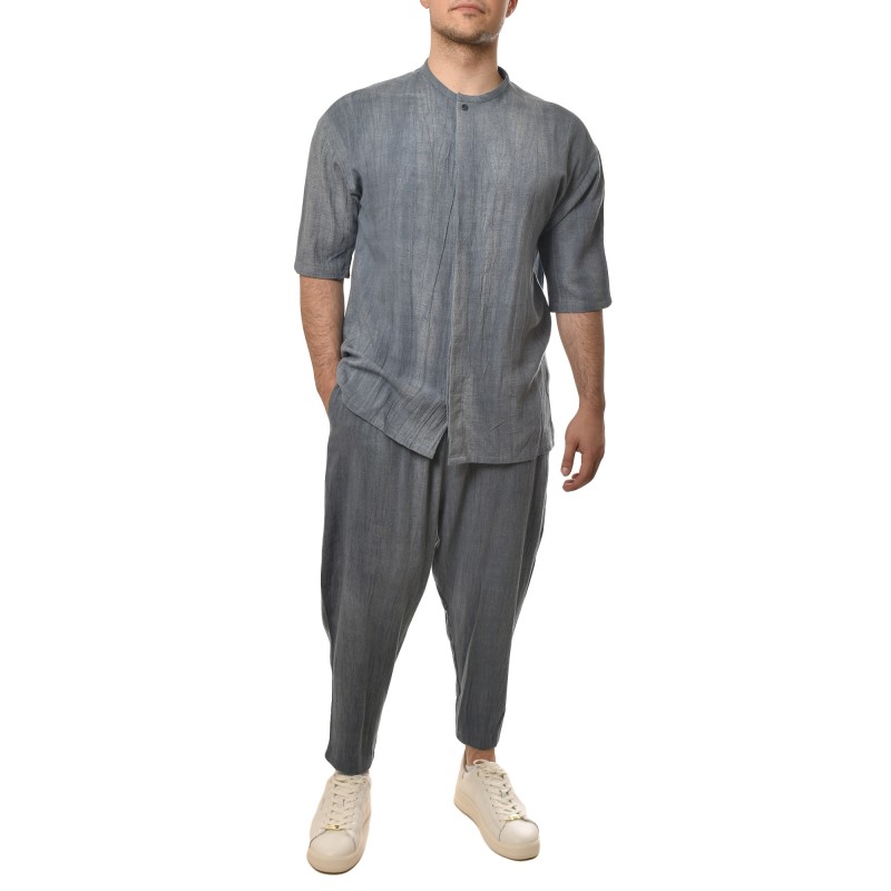 Twin Black Shirt Mao Linen Denim-Blue