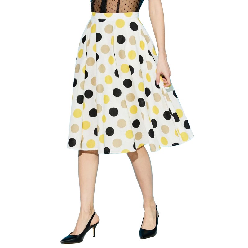 Forel Linen Polka Dot Skirt With Gutters-White/Yellow/Black