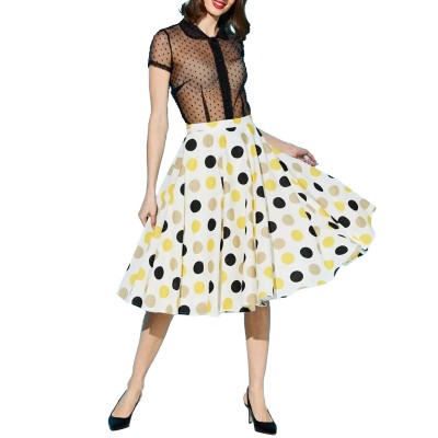 Forel Linen Polka Dot Skirt With Gutters-White/Yellow/Black