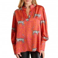 Forel Patterned V-Neck Blouse-Orange/Blue