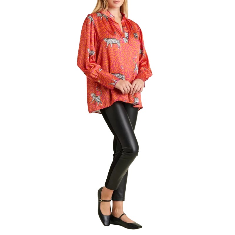 Forel Patterned V-Neck Blouse-Orange/Blue Forel Patterned V-Neck Blouse-Orange/Blue