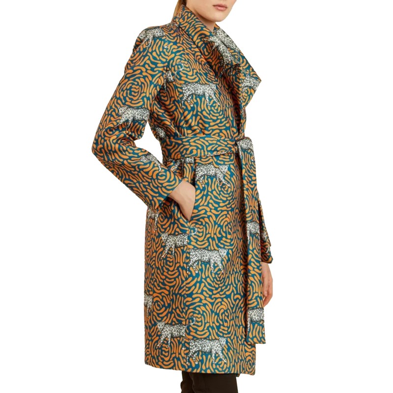 Forel Double Breasted Patterned Coat-Orange/Blue Forel Double Breasted Patterned Coat-Orange/Blue