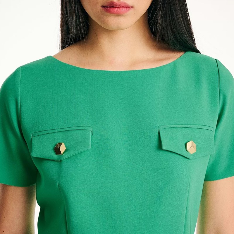 Forel Pencil Dress With Belt & Golden Details-Green Forel Pencil Dress With Belt & Golden Details-Green
