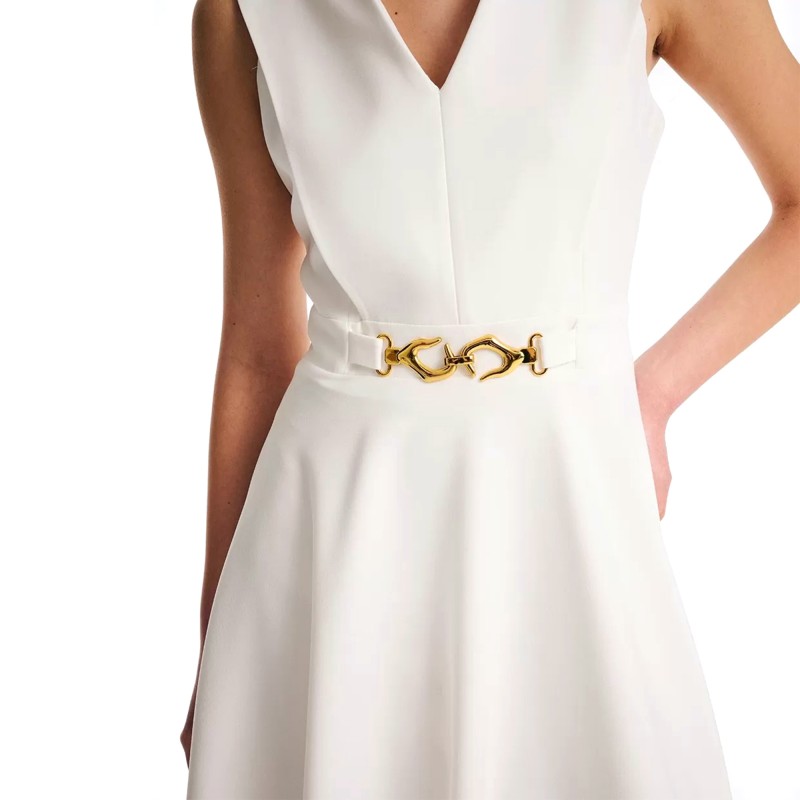 Forel V-Neck Dress With Waist Golden Detail-Off White Forel V-Neck Dress With Waist Golden Detail-Off White