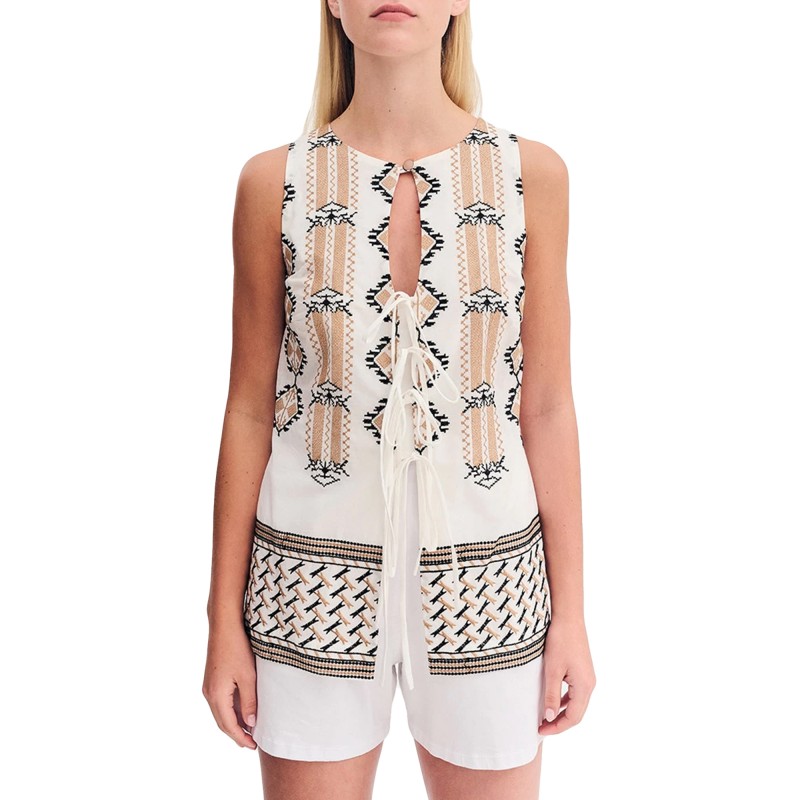 Forel Blouse Case Study Sleeveless Embroidery-Camel