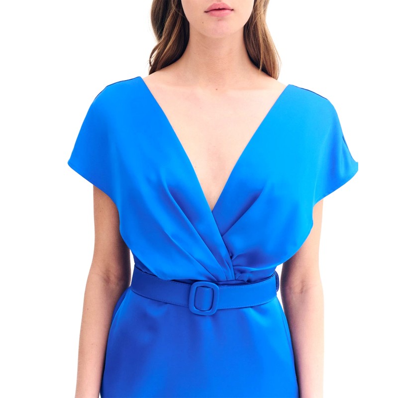 Forel Dress Pencil Satin With Belt-Blue Royal