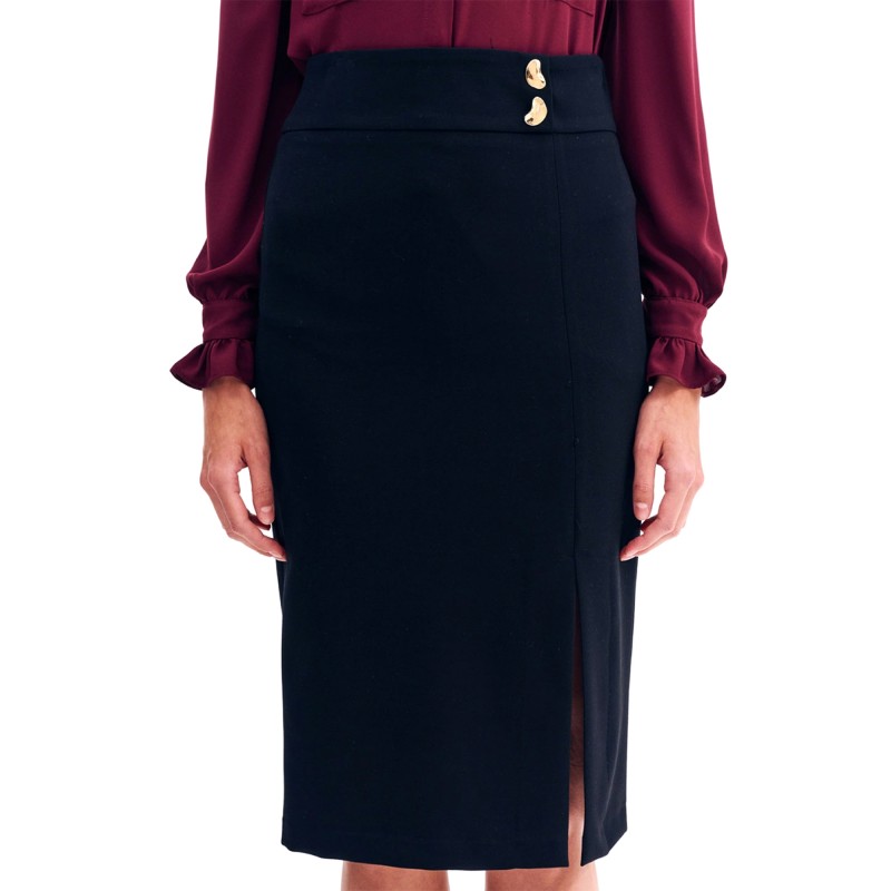 Forel Skirt With Gold Buttons Detail-Black